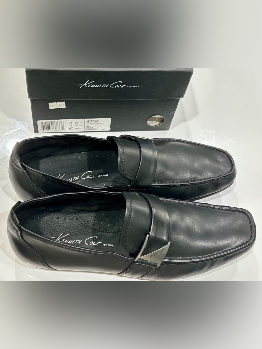 Kenneth Cole Black Leather Penny Loafers with Metal Accent